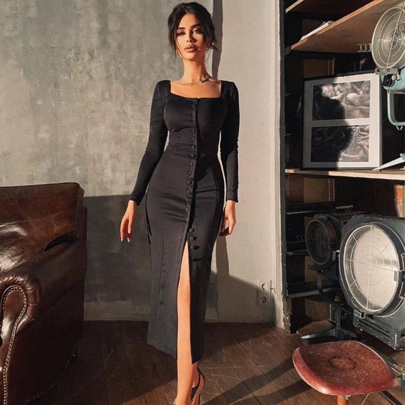 

Осеннее женское платье с квадратным вырезом 2021 черное элегантное облегающее вечернее платье на пуговицах с разрезом для ночного клуба Весе...