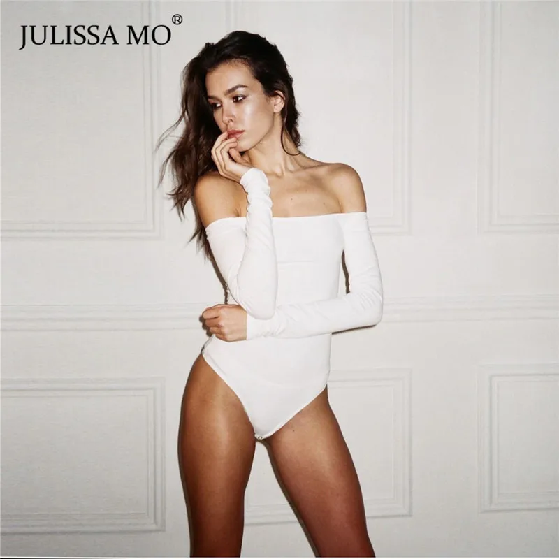 

JULISSA MO White Off Shoulder Sexy Bodysuit Women Spring Long Sleeve Skinny Rompers Jumpsuit Casual Backless Party Body Overalls