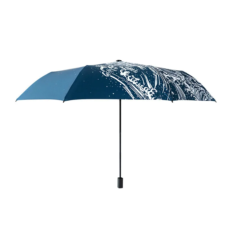 

New Japanese Kanagawa Surfing Three Folding Umbrella 8Rib Wind Resistant Frame For Women Waterproof Pencil Travel Umbrella
