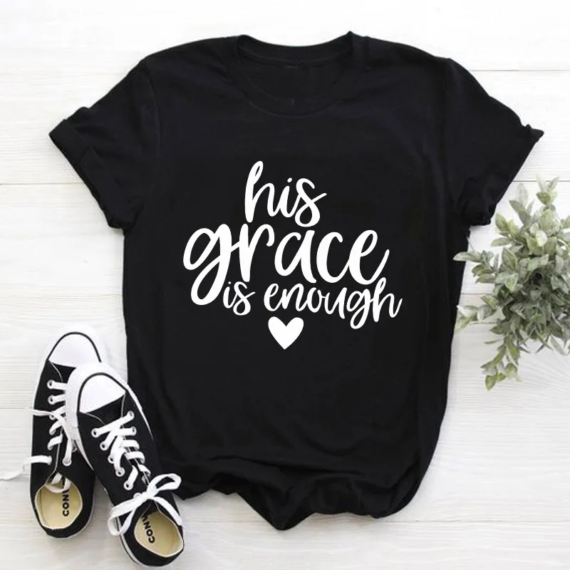 black tee white text Футболка с надписью «his grace is enough» серая футболка с надписью «His Grace is enough» хлопковая футболка с надписью «his grace is enough» S-3XL - Цвет: black tee white text