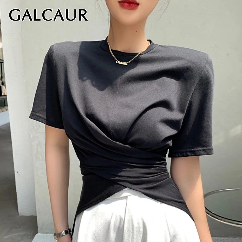 

GALCAUR Black T Shirt For Women O Neck Short Sleeve Ruched Irregular Minimalist Solid T Shirts Females Summer Clothing 2021 New