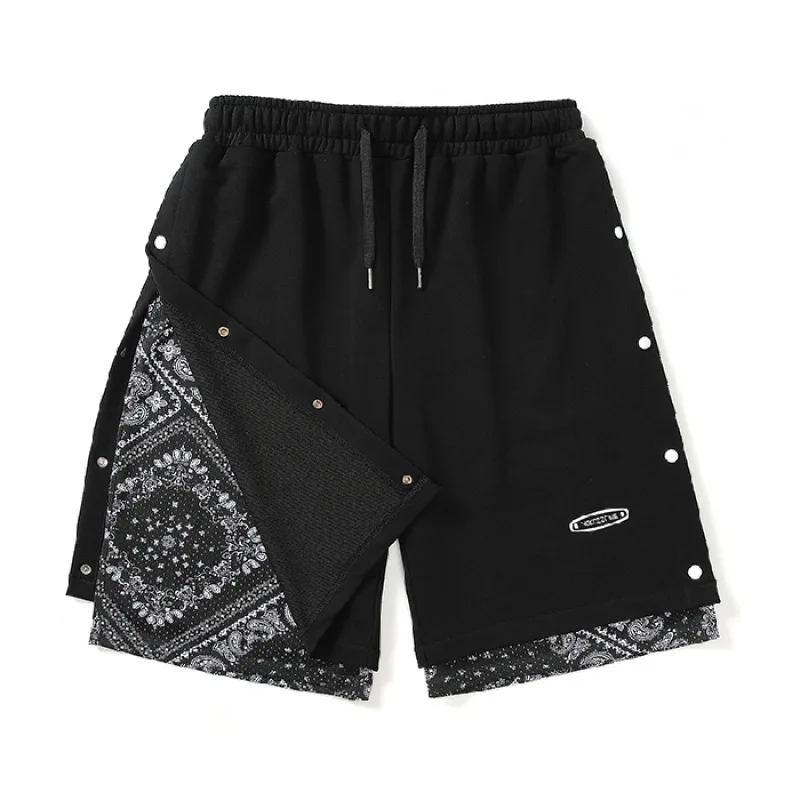 

Fake two-piece shorts men's summer wear big fashion hip-hop loose cashew flower casual breasted 5-point pants