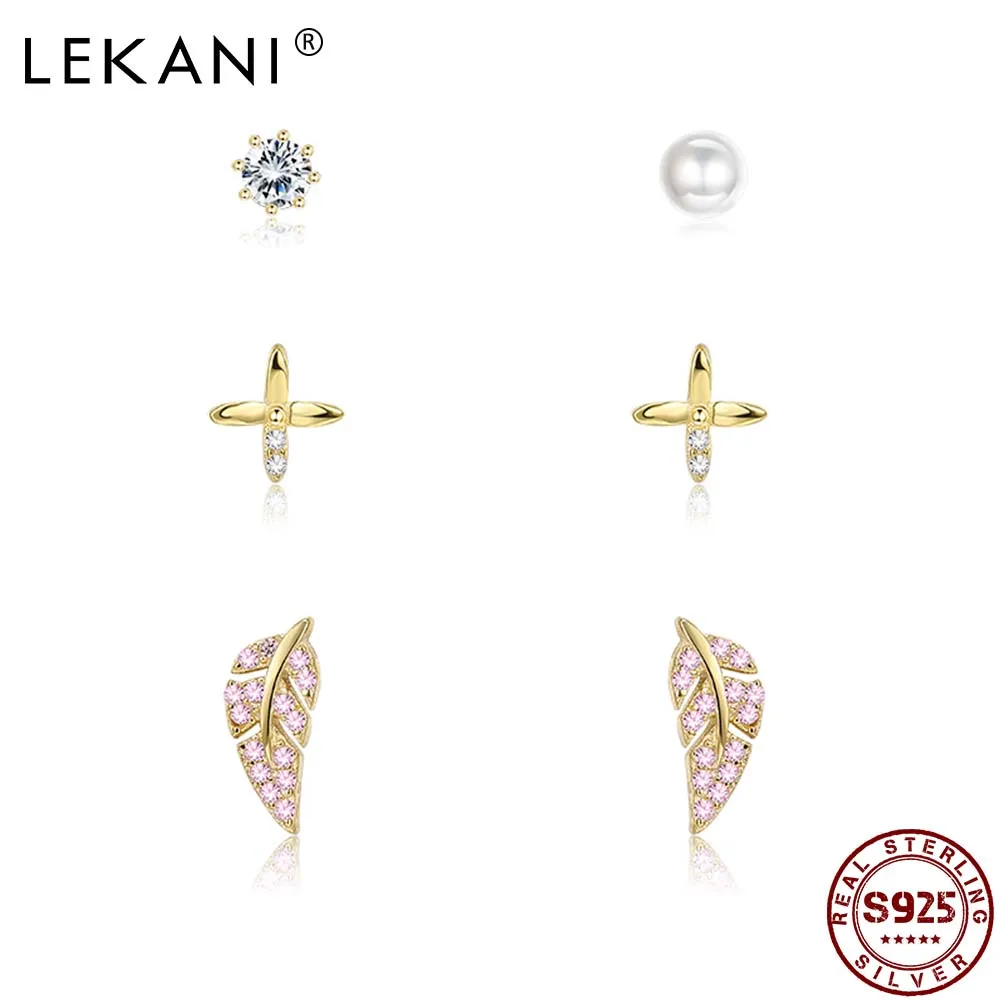 

LEKANI 925 Sterling Silver Earrings For Women Sparkling Wing Flower And Zircon Pearl Stud Earring Set Hot Sale Fine Jewelry