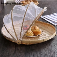 1pc hand woven bug proof basket dustproof picnic basket handmade fruit vegetable bread cover wicker basket with gauze