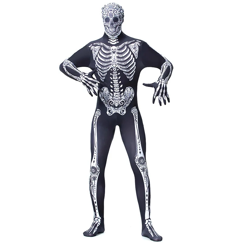 

Adult Hot Game Cosplay Costume Skull Human Zentai Bodysuit Overall Scary Skeleton Halloween Costume Jumpsuits Plus Size