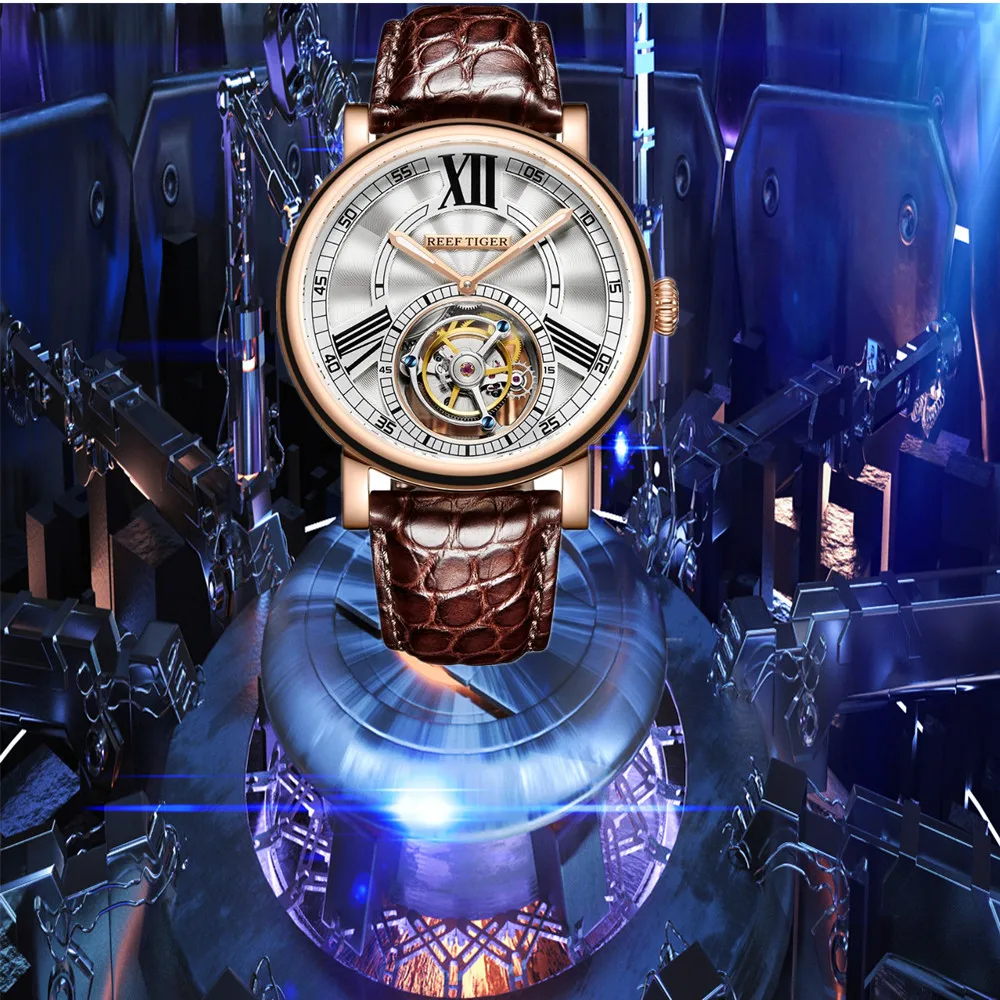 Reef Tiger/RT повседневные часы мужские спортивные Tourbillon автоматические механические Аллигатор ремешок роскошные часы Relogio Masculino RGA1999