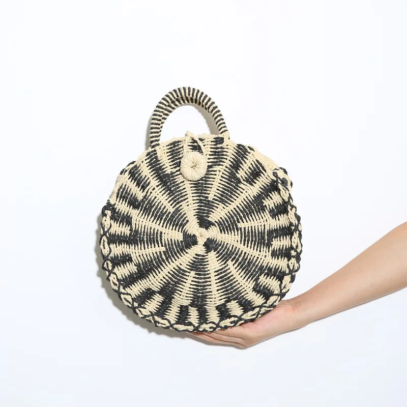 

High Quality Women Summer Travel Vacation Tote Knitted Hand Bag Beach Handbags Mini Circle Straw Bags Handmade Kintted Crossbody