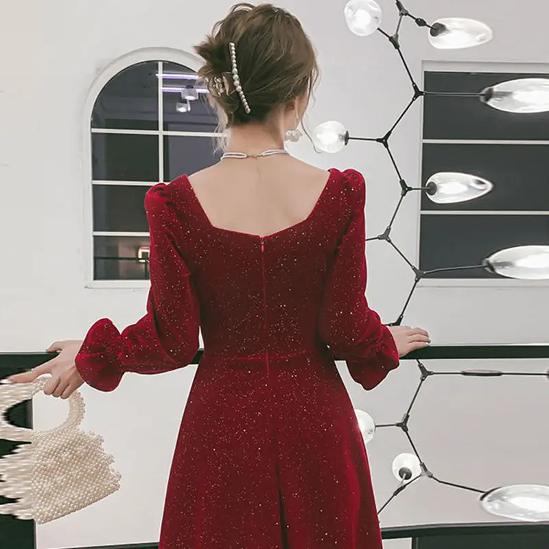 Коллекция платье квадратный осенний бордовый цвет длинный рукав Тонкий платья