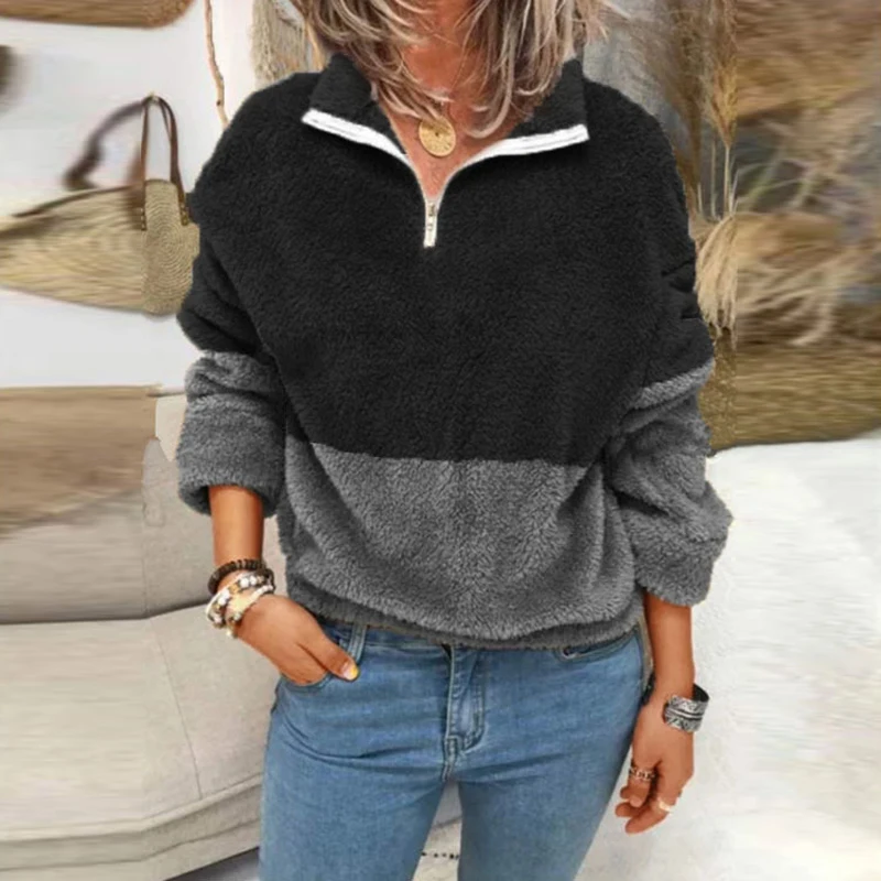 

Женская Повседневная Толстовка с длинным рукавом, осень 2021, модная плюшевая женская блузка на молнии с отложным воротником, винтажные Свобо...