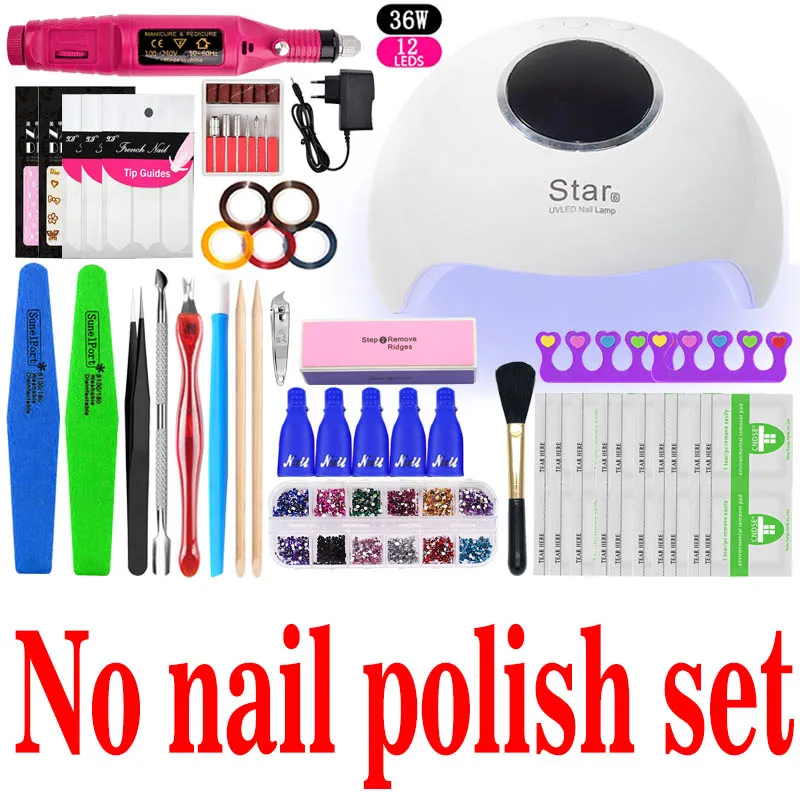 36W No nail polish Маникюрный набор, полный набор инструментов, 6/10 цветов, замачиваемый УФ-гель для ногтей, Набор лаков для ногтей, топ, Базовое покрытие, щетка для удаления буфера - Цвет: 36W No nail polish