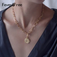 minimalism jewelry simple coin long chain gold color necklace delicate carved rune pendant necklaces for female choker gift