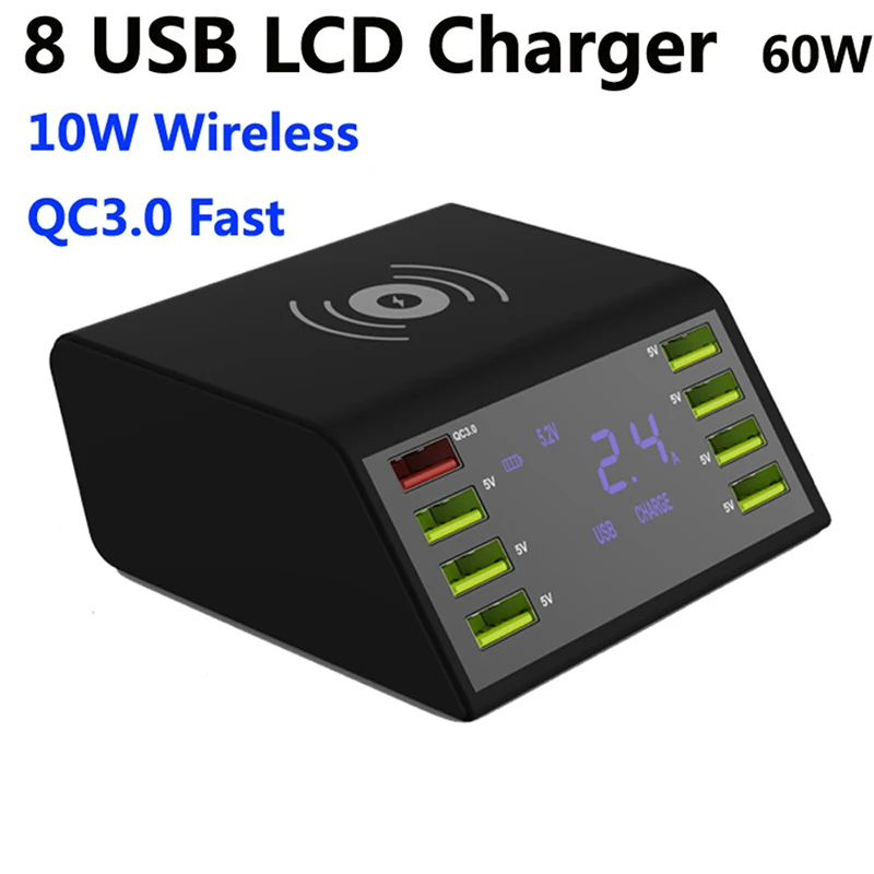 Мульти 8-портовое Беспроводное зарядное устройство USB 60 Вт светодиодный дисплей Быстрая зарядка быстрозарядная станция для iPhone 7 8 XR samsung S8 S9 S10 huawei