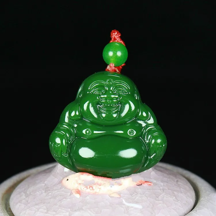 Китайский натуральный зеленый нефритовый Будда кулон ожерелье ручной работы