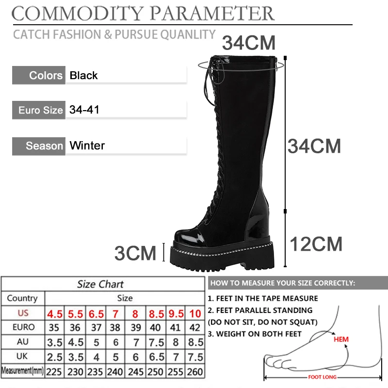 

BYQDY Women Knee-high Boots Natural Leather Shoes 34cm Length 12cm Heel Lacing Cow Leather Zipper Winter Warm Plush Shoe Plus 41