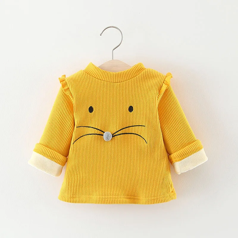 yellow Новинка года, зимняя футболка для маленьких девочек Вельветовая рубашка с длинными рукавами и круглым вырезом и рисунком кота теплые хлопковые топы для маленьких девочек - Цвет: yellow