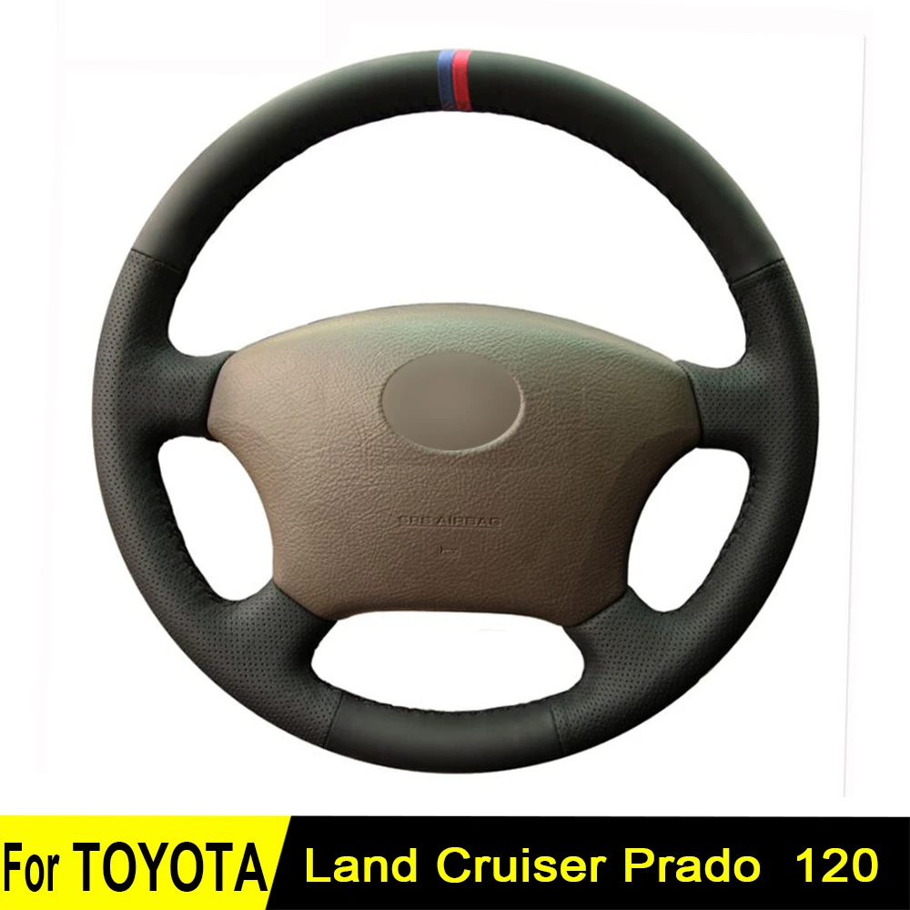 Чехол на руль для старой Toyota Land Cruiser Prado 120 прошитый вручную черный из натуральной