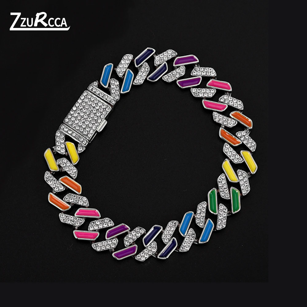 

Hip Hop Bracelet for Women Colorful Bling Rhinestone Cuban Link Chain Raper Men Bracelet Bangles pulseira masculina