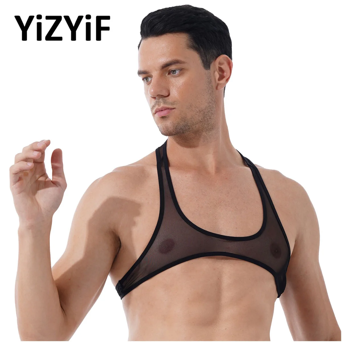 

Mens Sexy Racer Back Sleeveless Singlet Erotic Sheer Mesh Vest See-through Cropped Tank Top Nightclub Gay Sissy T-shirt Black