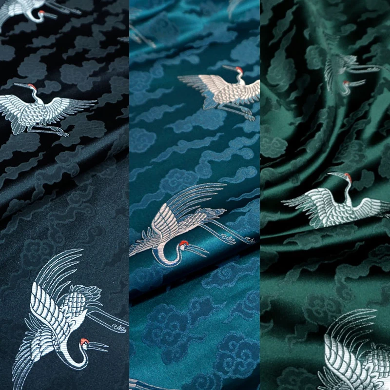 

100*73cm Exquiste Brocade Fabric Luxury Retro Chinese Cranes Cloud Embroidery Silk Fabric Diy Cheongsam Hanfu Apparel Material
