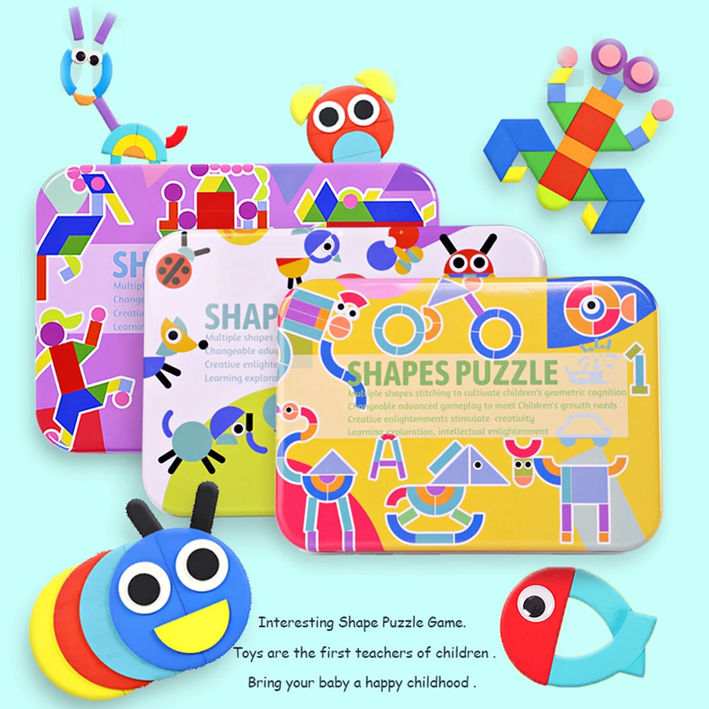 Wooden Animal Tangram Puzzles English Card Shape Recognition Early Education Intelligence Development Toys Puzzles For Baby Gift