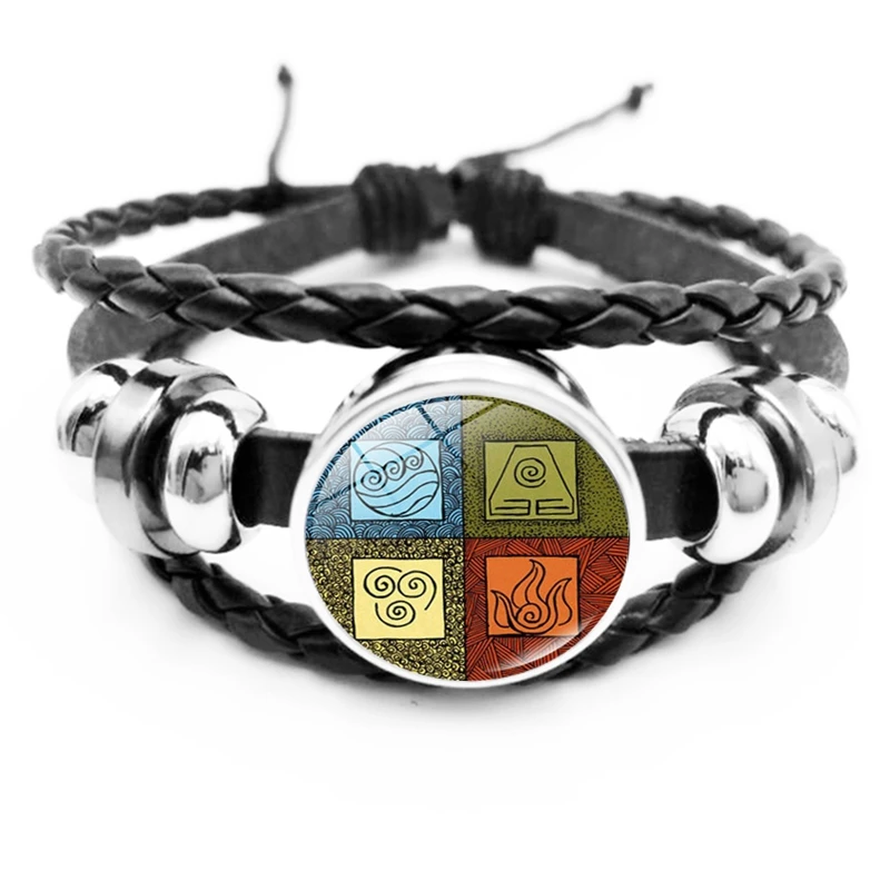 

2020 Tribal Wind Fire Earth Air Bracelet Charm Glass Cabochon Black Leather Braided Snap Clasp Bracelet Jewelry Gift