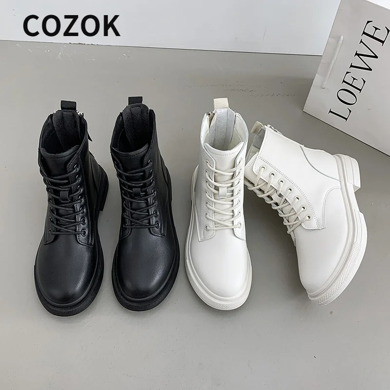 

Cozok Style Women Boots Autumn Soild 2021 New Fashion Shoes Zapatos De Mujer Gothic Leather Boots Goth Platform Punk Square Heel