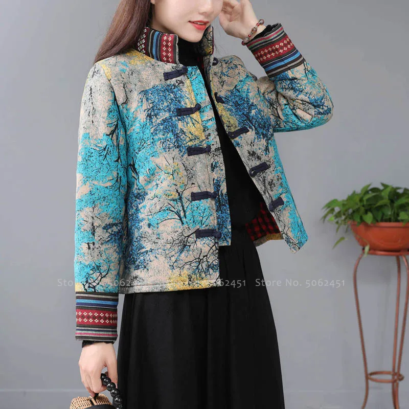 Женская теплая хлопковая куртка в традиционном китайском стиле с принтом ретро