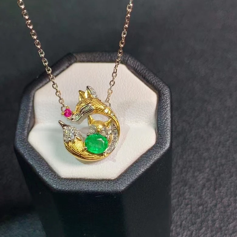 

fashion cute Exquisite fox Natural green Emerald Necklace Natural Gemstone Pendant Necklace woman girl wedding party Jewelry