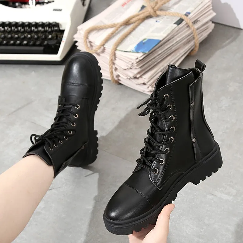 

Женские ботильоны из искусственной кожи, черные, белые ботинки на шнуровке с круглым носком, мотоциклетные ботинки на платформе, Осень-зима ...