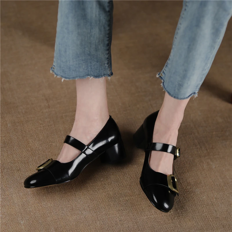 

VERCONAS Women Pumps Genuine Leather Thick Heels Mary Janes Shoes Woman New Metal Buckle Spring Party Retro Casual Pumps Office