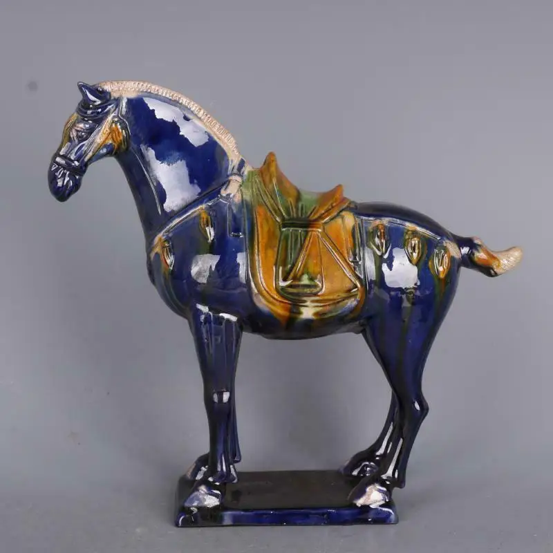 

Chinese Tang Tri-Color Glazed Ceramics Blue Horse Porcelain Statue 8.27 inch Antique Imitation Home Decoration Ornaments
