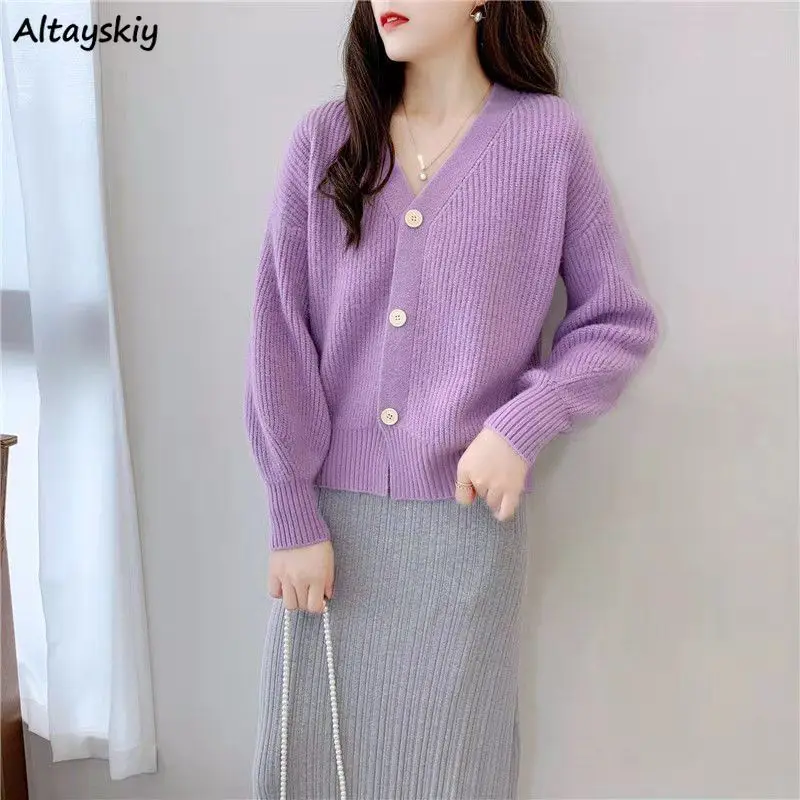 

Women Cardigan Solid Loose Long Sleeve Knitted Sweater V-neck Single Breasted Outwear Female Elegant Sweet All-match Spring Coat