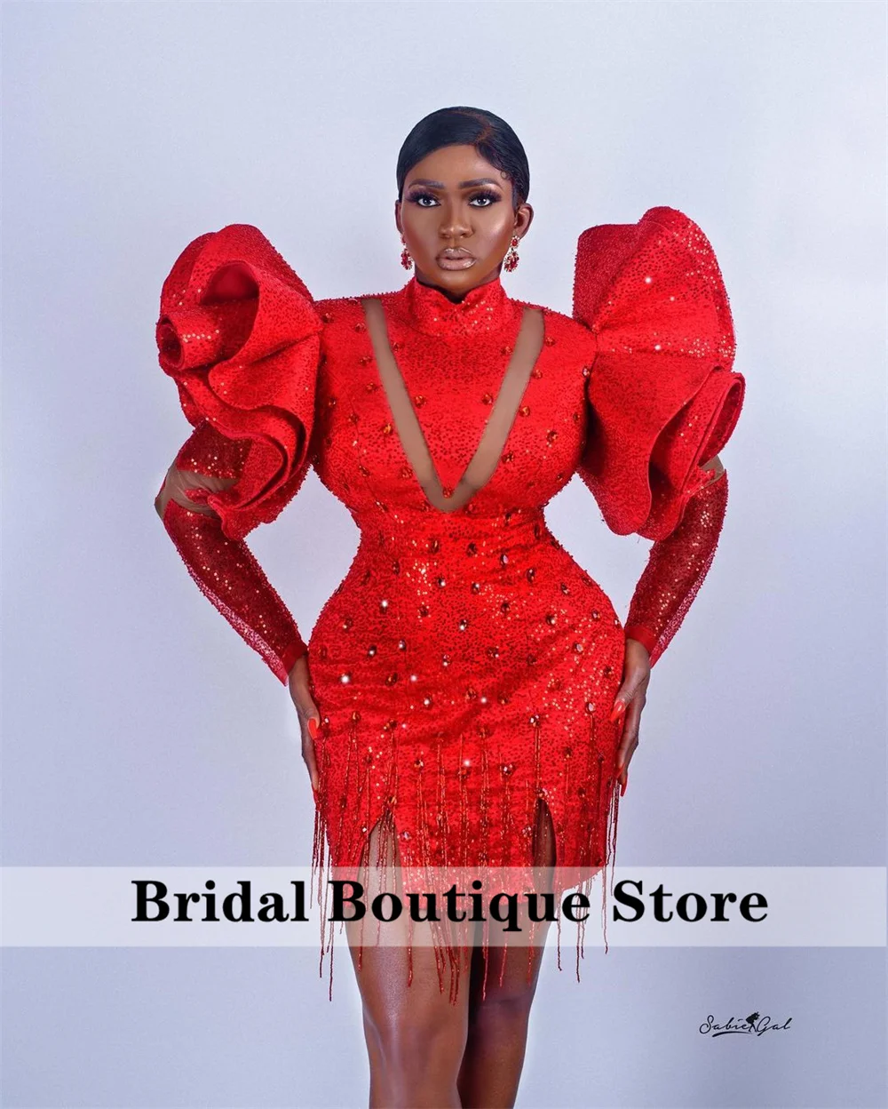 

Real Photo Red African Stylish Prom Dresses Crystal Sequined Formal Party Gown Black Girls Tassels Vestidos De Gala