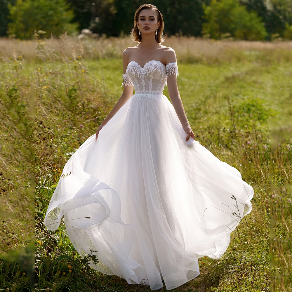 

Beach Wedding Dress 2021 Lace White Ivory Dresses Applique Sweetheart A-Line Tulle Removable Short Sleeves Bridal Gowns