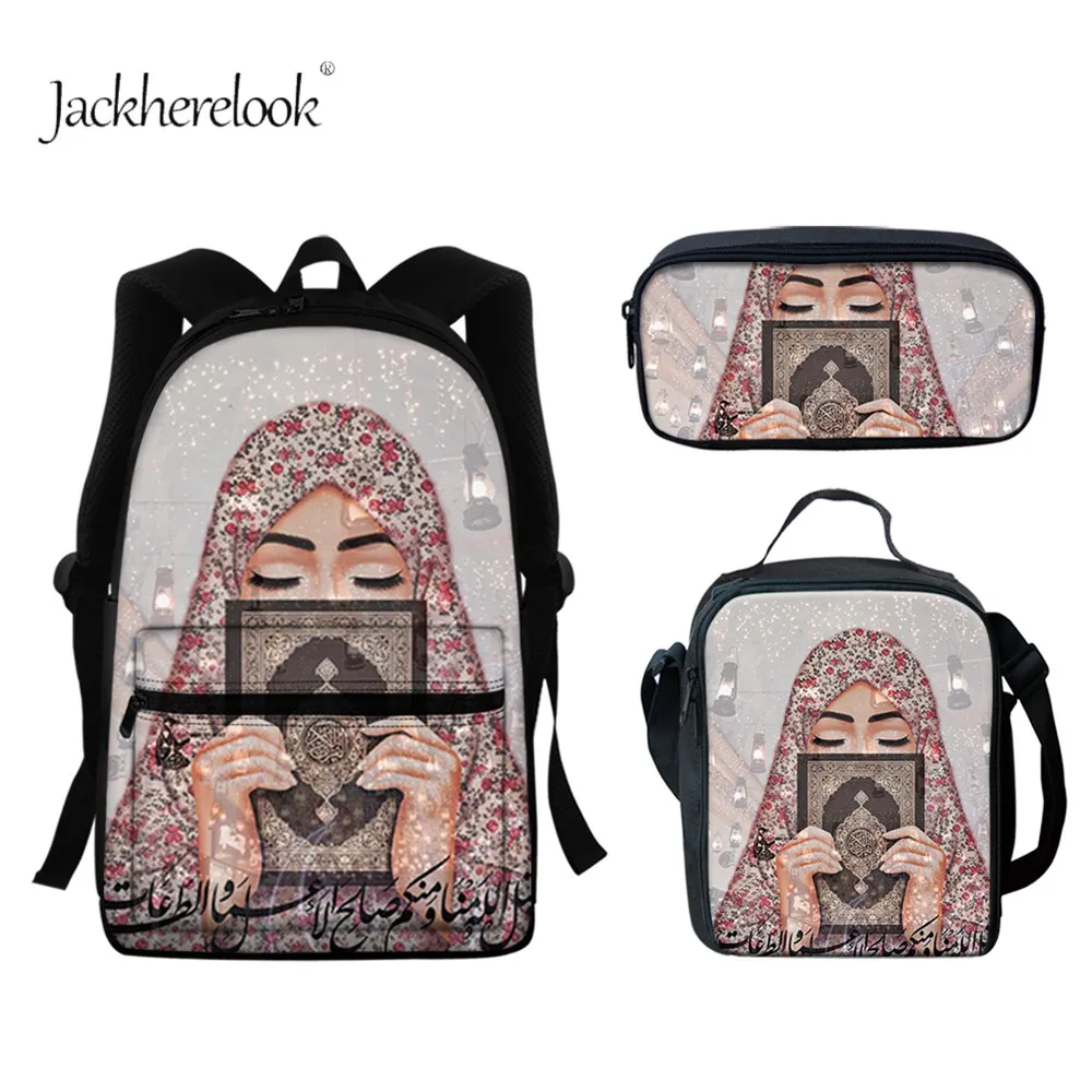 

jackherelook Hijab Face Muslim Islamic Gril Eyes Pattern Female Shoulders Bag Student Backpacks Set Youth Girls Large Satchel