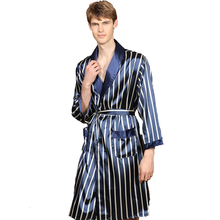 

Nightwear Men's Robe Silk Satin Pajamas Nightgown Men Stripe Long Sleeve Bathrobe Bath Robe Sleep Home Wear Sleepwear Plus Size
