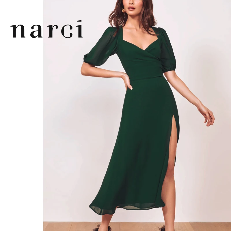 

Spring Ladies Casual Chiffon Midi Dress With Sexy Side Slit Puff Sleeve Mid Calf Dresses For Everyday Fashion Women Clothes 2020