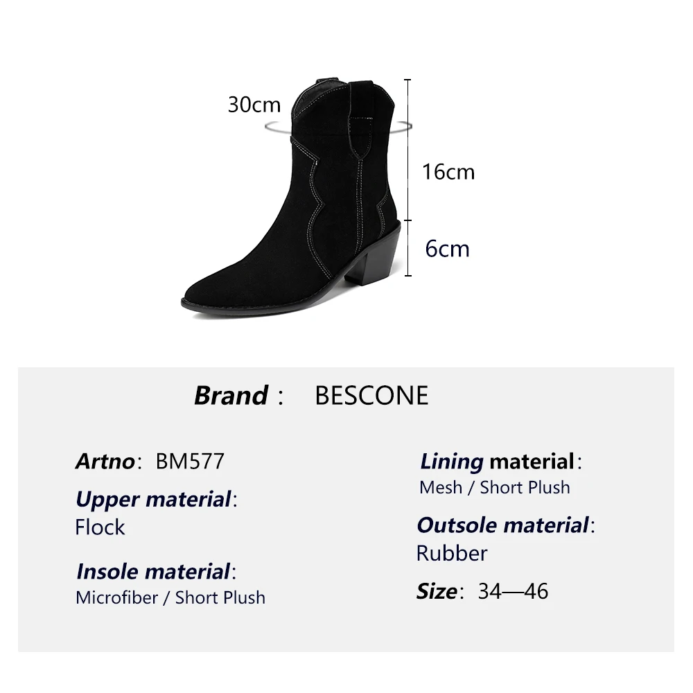 

BESCONE Stylish Women's Boots High Quality Handmade Low-heel Ankle Boots Elegant Pointed Toe Autumn Anti-skid Shoes Women BM577