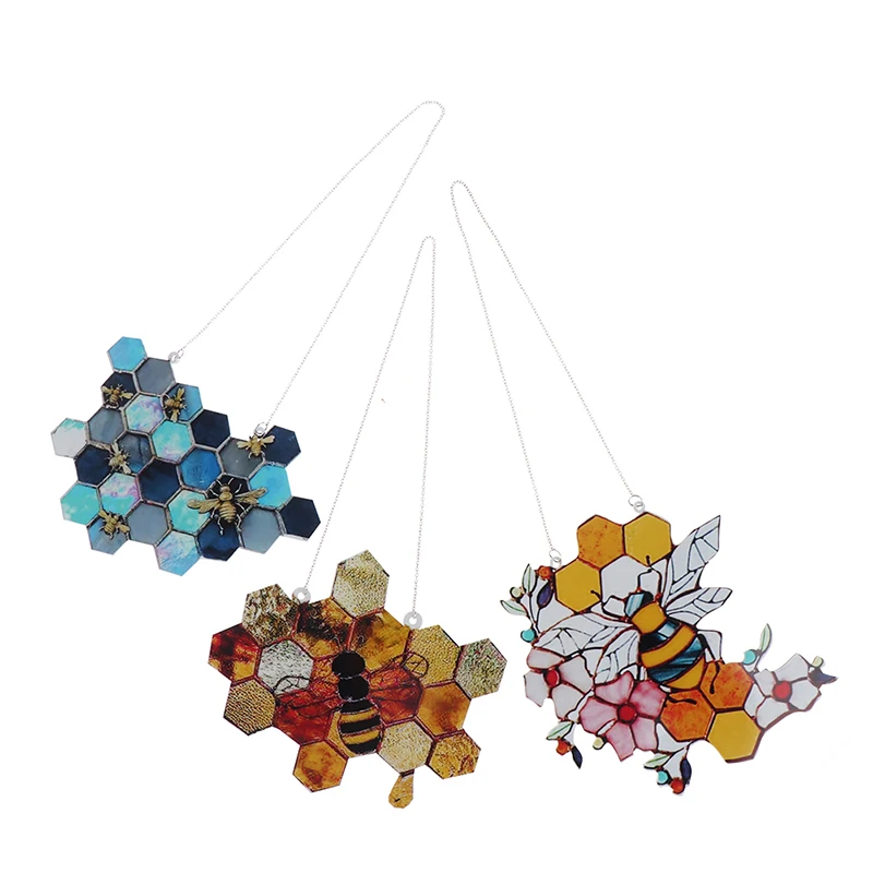 

Stained Glass Honeycomb With Bumble Bee Charm Suncatcher Hanging Decoration Outdoor Wedding Decorations Bedroom Home Decor