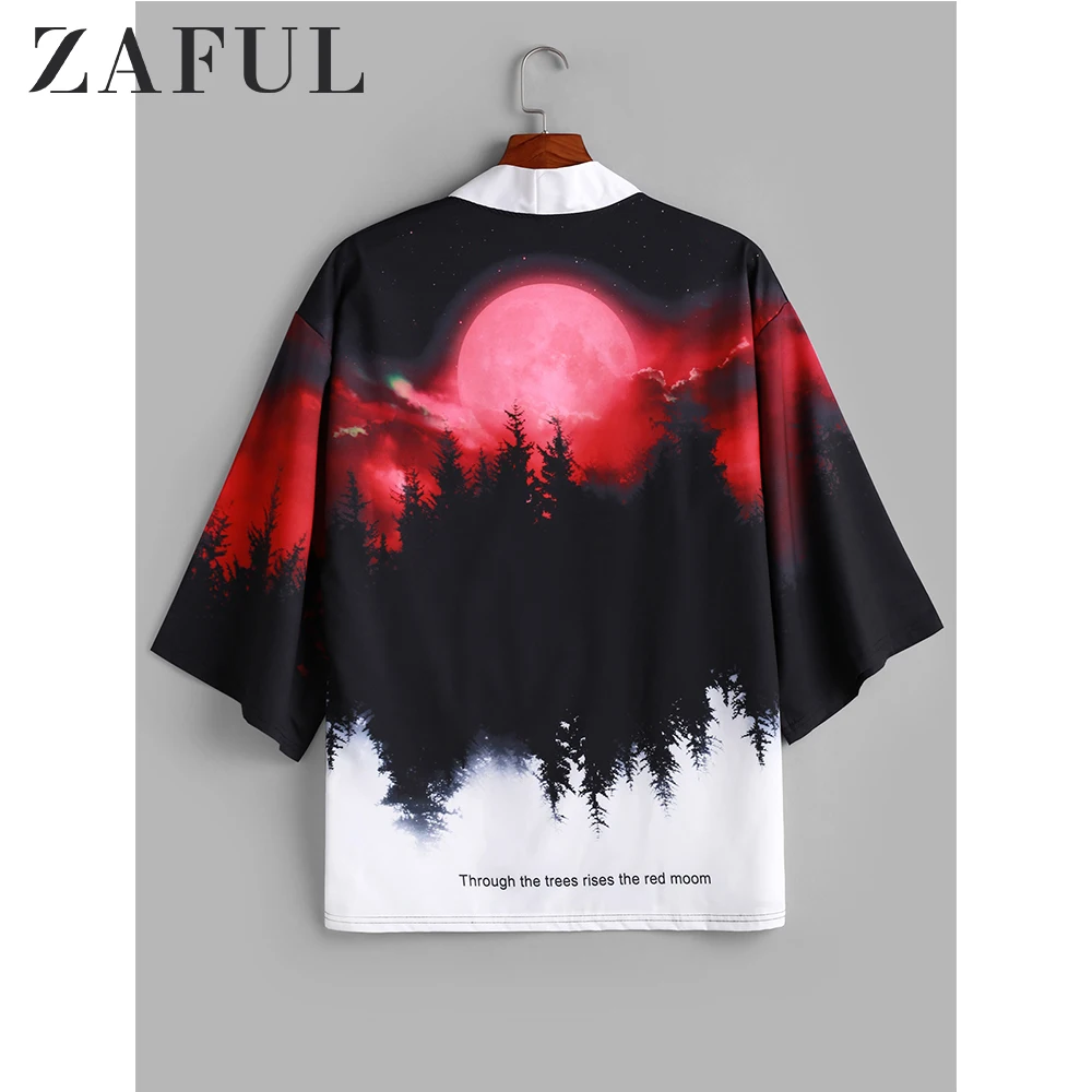 ZAFUL Rising Moon Through Tree Forest Print Casual Kimono Cardigan For Men Three Quarter Collarless Open Front Shirt | Мужская одежда