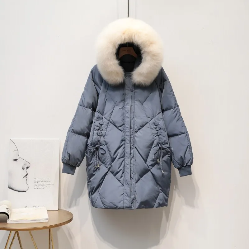 

Elegant Fox Fur Collar Solid Winter White Duck Down Jacket Women Medium Long Hooded Down Coats Ladies Winter Warm Thicken Parka