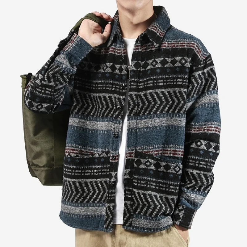 Мужская рубашка с начесом свободная теплая Повседневная в полоску фольклорном