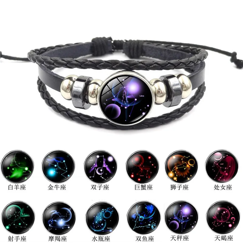 

Aries/Taurus/Gemini/cancer/LEO/Virgo/Libra/Scorpio Zodiac Signs Button Leather Bracelet 12 Constellations Jewelry For Birthday