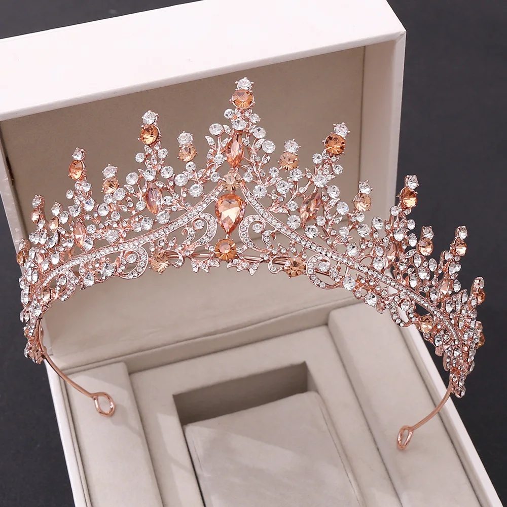

Baroque Retro Rose Gold Peach Crystal Bridal Tiaras Crown Rhinestone Pageant Prom Diadem Bride Headband Wedding Hair Accessories