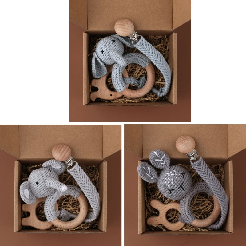 

3Pcs Beech Wooden Baby Teething Rings Crochet Animals Rattle Toy Infant Teether Comfort Toys Braided Pacifier Chain Set