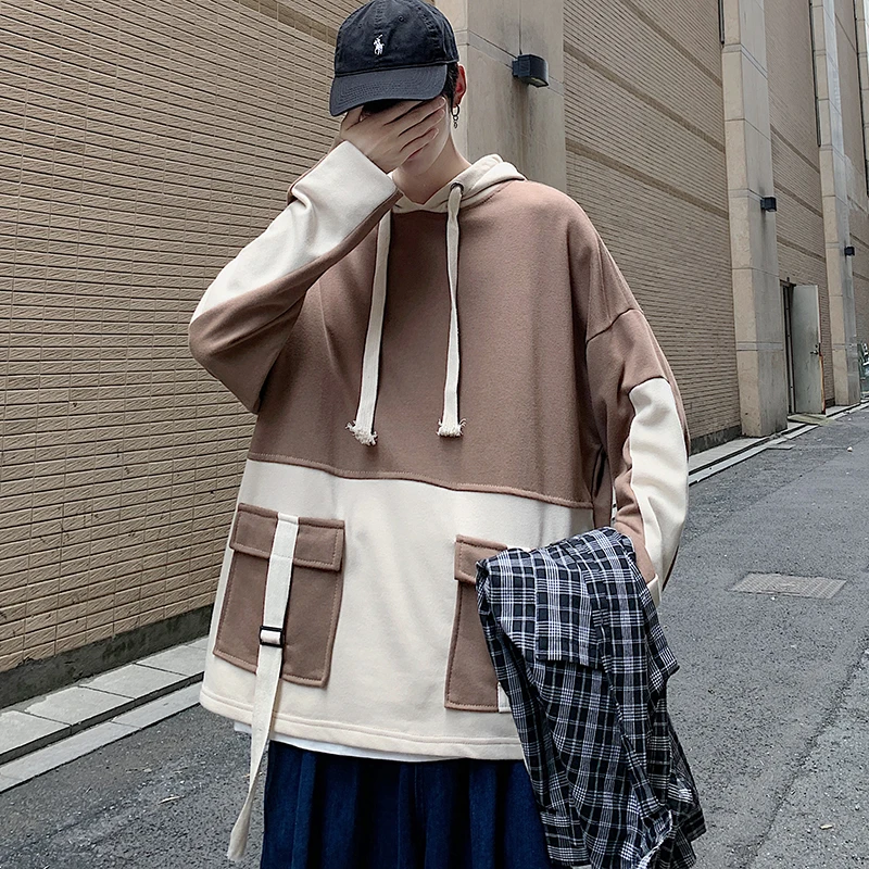 

2020 New Hong Kong style cargo men's hoodies fall style loose woven with hip hop style hoodies student cool personality top fash