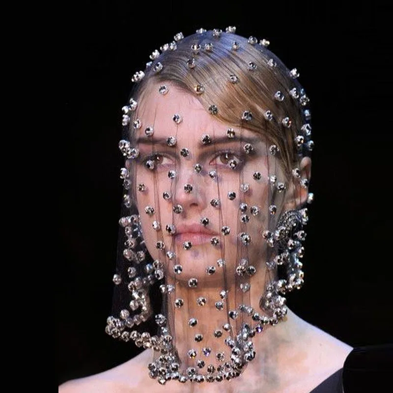 

Black Sexy Luxury Crystal Rhinestone Mesh Hair Band Headband Cover Face Veil Headpiece Wedding Hair Jewelry for Women