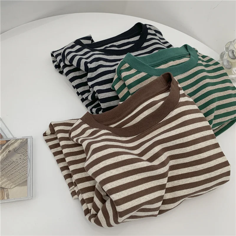 

Black and Gray Striped Cotton Long-Sleeved T-shirt Bottoming Shirt Women's 2021 Korean Style Autumn and Winter Thickening