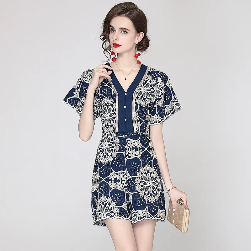 

New Elegant V-neck Solid Color High Quality Embroidered Jumpsuit For Women Vintage Floral Short Sleeve Wide Legs Playsuits