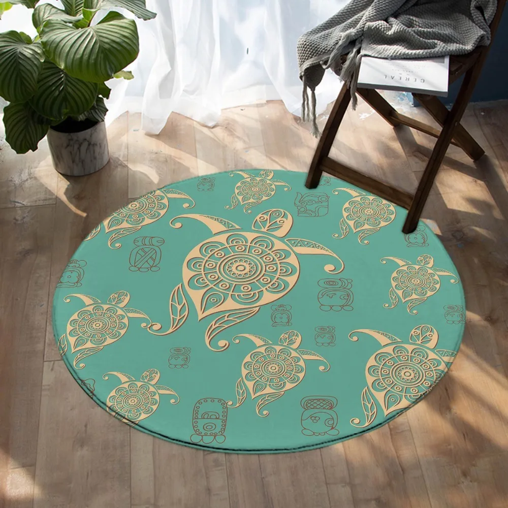 BeddingOutlet Sea Turtle Round Carpet Map Tortoise Floor Mat Non-slip Starfish Shells Nautical Area Rugs Marine Animal tapetes